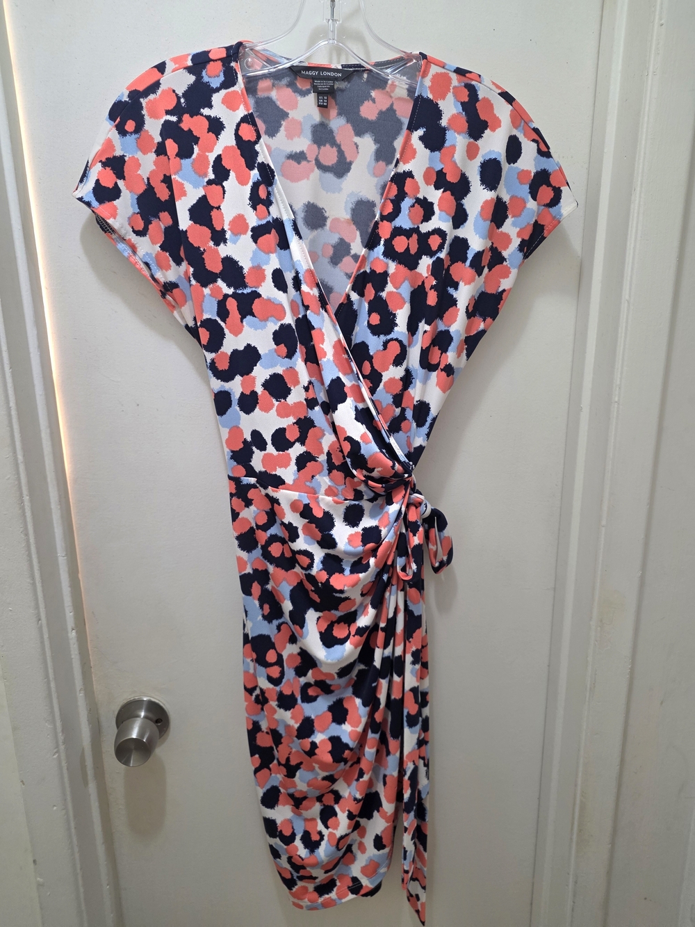 Maggy London Coral & Navy Wrap Midi Dress Size 10